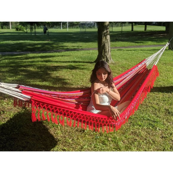 Double Red Boho Hammock Handwoven| Summer Hammock | Double Sided Colorful Hammoc - Picture 1 of 4
